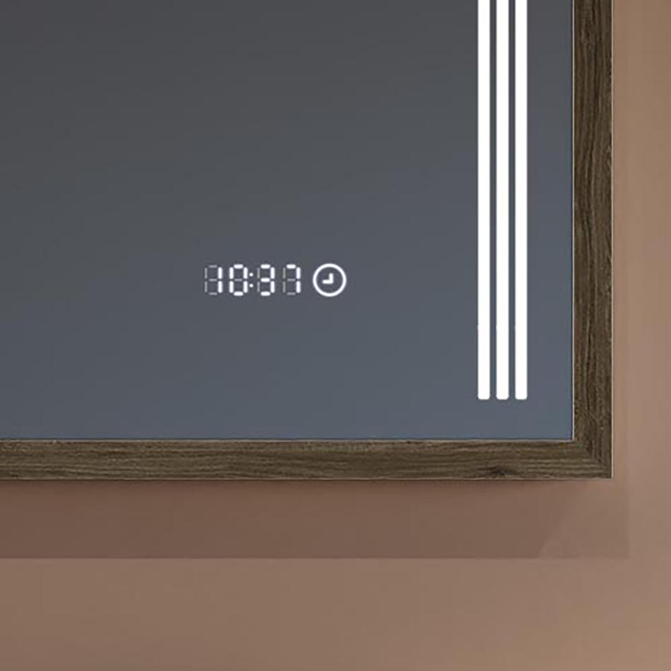 Com o nosso espelho, não se atrasará mais! O relógio com visor LED permite controlar a hora durante a sua rotina diária. Tamanho no painel de espelho: 7 cm × 1,5 cm. O relógio de toque é iluminado independentemente da iluminação do espelho. O relógio requer uma fonte de alimentação permanente adicional.