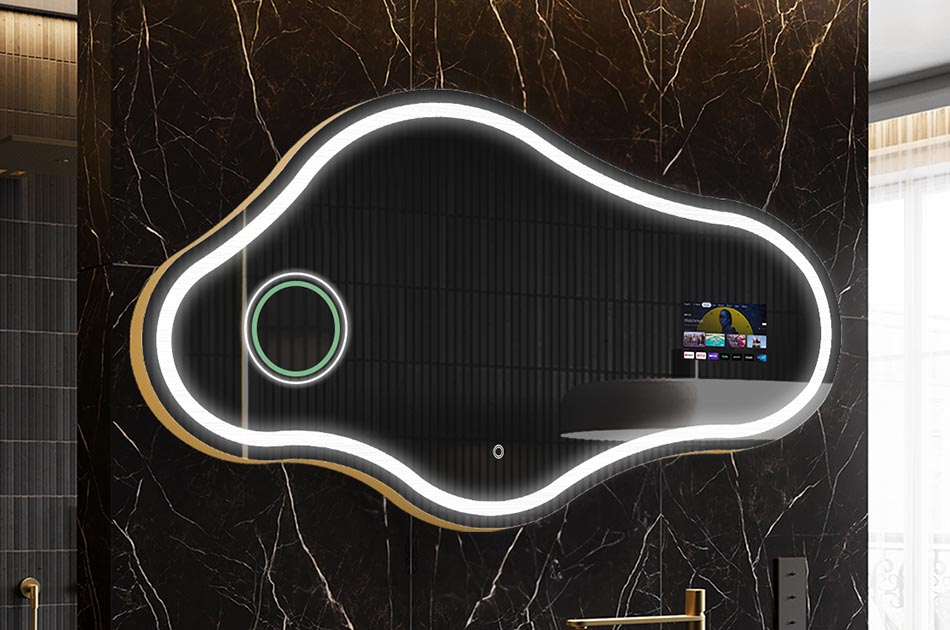 Espelho LED irregular com ecrã meteorológico e painel tátil | ARTFORMA