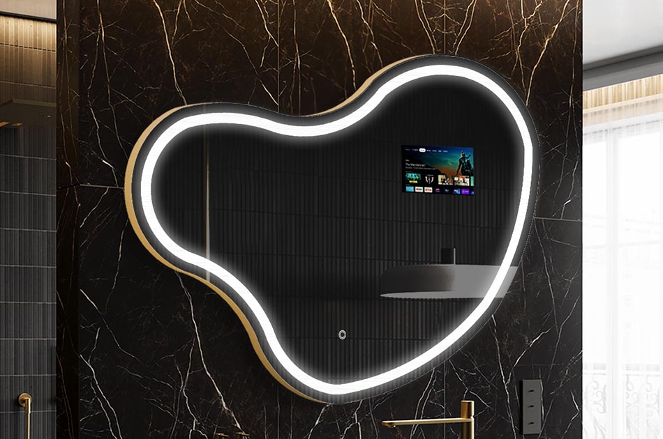 Espelho LED irregular com ecrã meteorológico e painel tátil | ARTFORMA