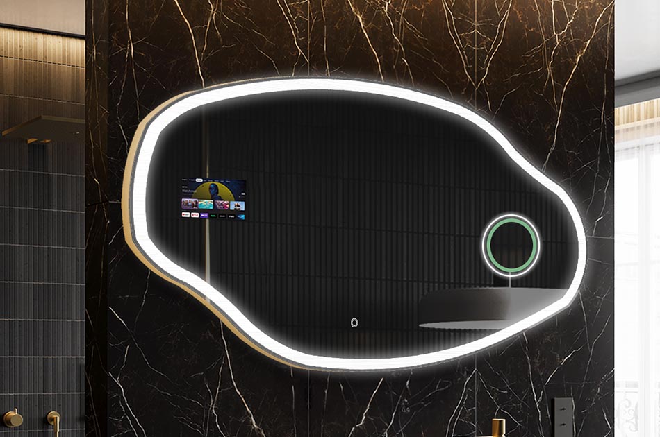 Espelho LED irregular com ecrã meteorológico e painel tátil | ARTFORMA