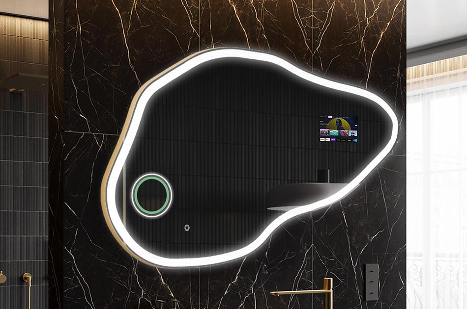 Espelho LED irregular com ecrã meteorológico e painel tátil | ARTFORMA