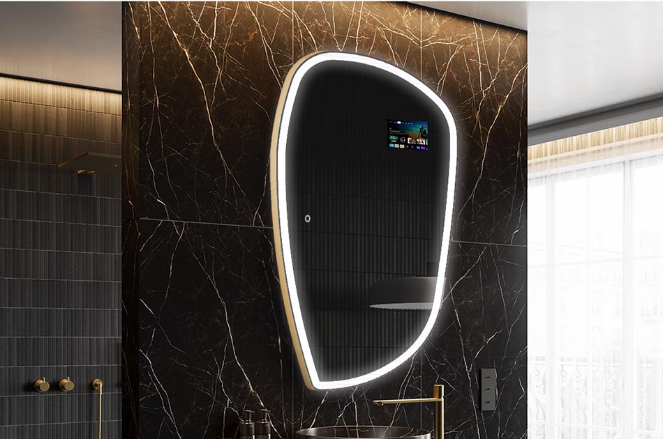 Espelho LED irregular com ecrã meteorológico e painel tátil | ARTFORMA