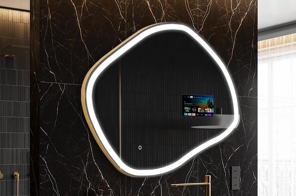 Espelho LED irregular com ecrã meteorológico e painel tátil | ARTFORMA