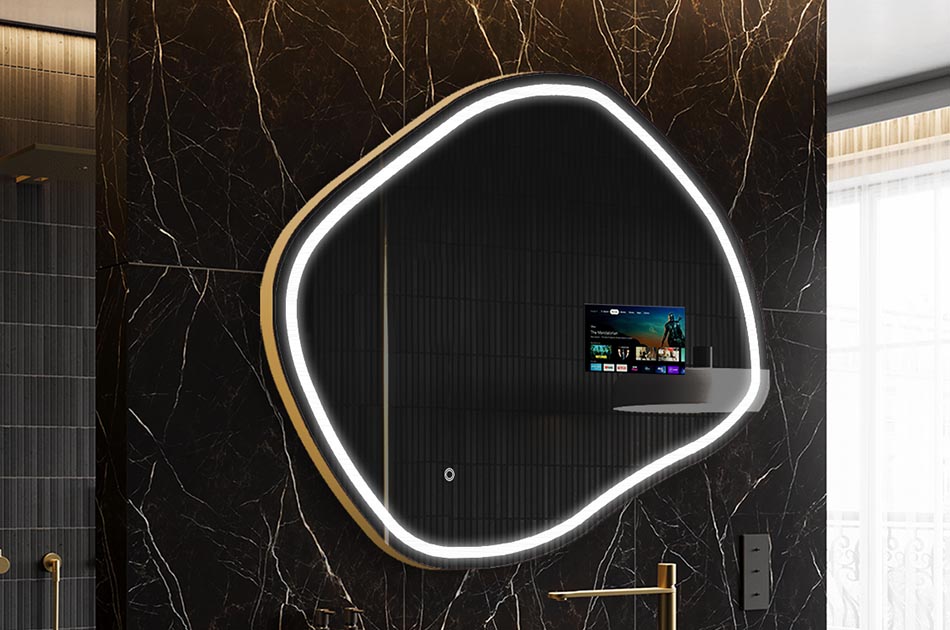 Espelho LED irregular com ecrã meteorológico e painel tátil | ARTFORMA