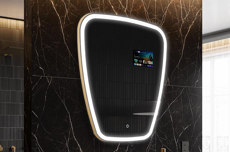 Espelho LED irregular com ecrã meteorológico e painel tátil | ARTFORMA