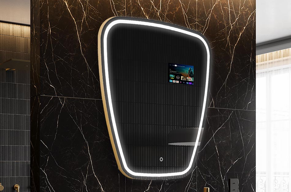 Espelho LED irregular com ecrã meteorológico e painel tátil | ARTFORMA