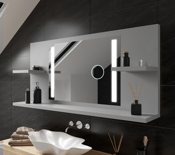 Espelho de casa de banho LED moderno com prateleiras
