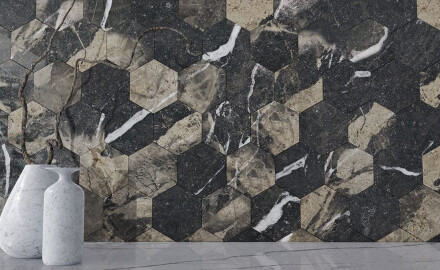 Ladrilho de grés de grande formato, 120 x 280 cm, preto brilhante com veios dourados, retificado, A4H195 Pierre Black