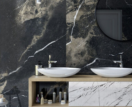 Ladrilho de grés de grande formato, 120 x 270 cm, preto mate com veios dourados, retificado, A4H196 Pierre Black