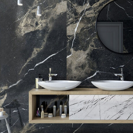 Pavimento em grés esmaltado Pierre Black 120x120 cm, preto brilhante com veios dourados, retificado A4H197 #6