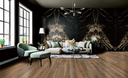 Ladrilho de grés de grande formato para pavimento, 120 x 280 cm, Bookmatch, preto brilhante com veios dourados, retificado, A4H203 Pierre Black