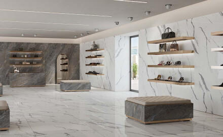 Pavimento em grés esmaltado 120x120, brilhante, com veios cinzentos, retificado A4H454 Statuario Superiore