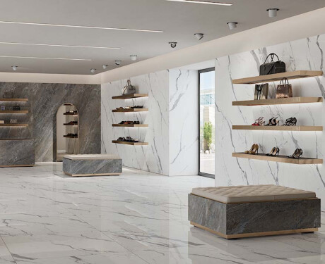 Pavimento em grés esmaltado 120x120, brilhante, com veios cinzentos, retificado A4H454 Statuario Superiore