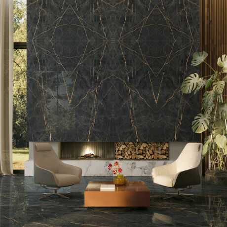 Porcelanato Bookmatch 120x280, mármore preto com veios dourados, brilhante, A4H473 Sant Loreno #8