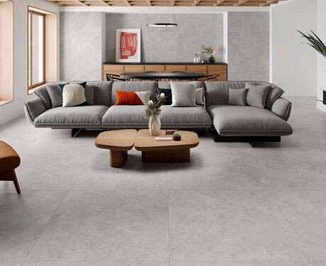 Ladrilho de grés para pavimento 100x100, travertino cortado transversalmente, acabamento mate, cinzento A4H497 Chrono Grey