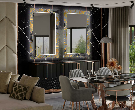 Rectangulares Espelho Decorativo Com Iluminação Para O Comedor - Golden Leaves #2