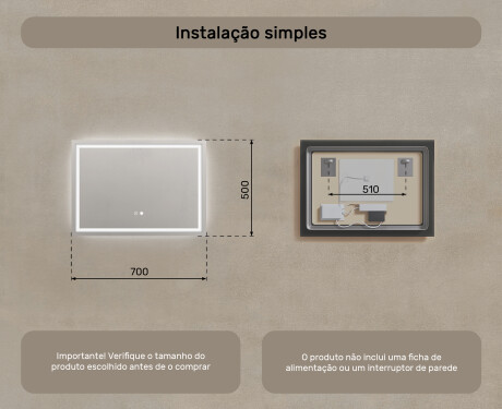 Espelho com iluminação LED para casa de banho 70x50cm com Dual color, Interruptor tátil, Desembaciador - L49 #8