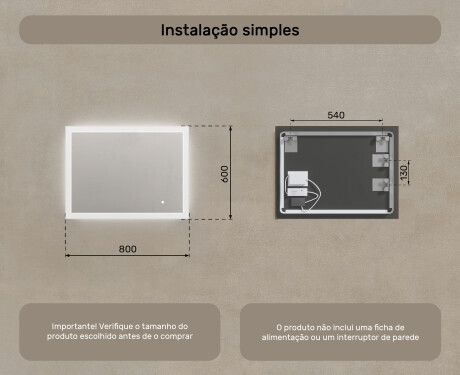 Espelho retangular de banheiro com iluminação LED 80x60 cm com Dual color, Interruptor tátil #7