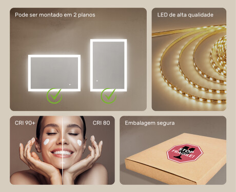 Espelho retangular de banheiro iluminado por LED 100x70 cm com Dual color, Interruptor tátil #5