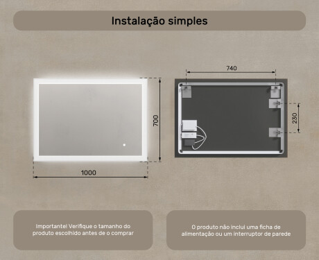 Espelho retangular de banheiro iluminado por LED 100x70 cm com Dual color, Interruptor tátil #7