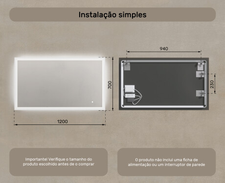 Espelho de banheiro retangular com iluminação LED 120x70 cm com Dual color, Interruptor tátil #7