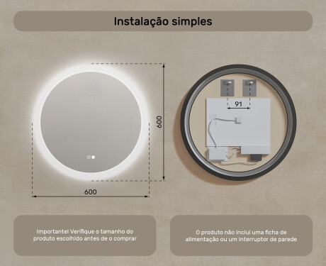 Espelhos redondos de banheiro com iluminação LED 60 cm com Dual color, Interruptor tátil, Desembaciador #8