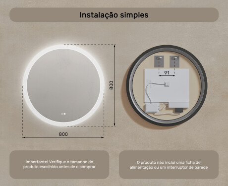 Espelho redondo de banheiro com iluminação LED 80 cm com Dual color, Interruptor tátil, Desembaciador #8