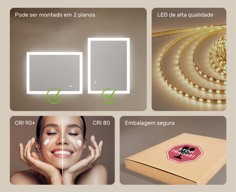 Espelho retangular de banheiro LED 80x60 cm com Dual color, Interruptor tátil, Desembaciador #6