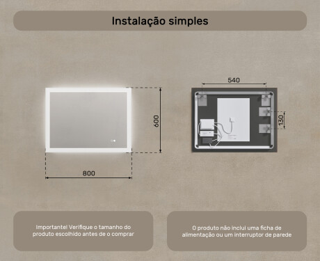 Espelho retangular de banheiro LED 80x60 cm com Dual color, Interruptor tátil, Desembaciador #8