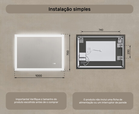Espelho retangular de banheiro com iluminação LED 100x70 cm com Dual color, Interruptor tátil, Desembaciador #8