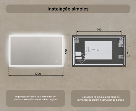 Espelho retangular de banheiro iluminado por LED 120x70 cm com Dual color, Interruptor tátil, Desembaciador #8
