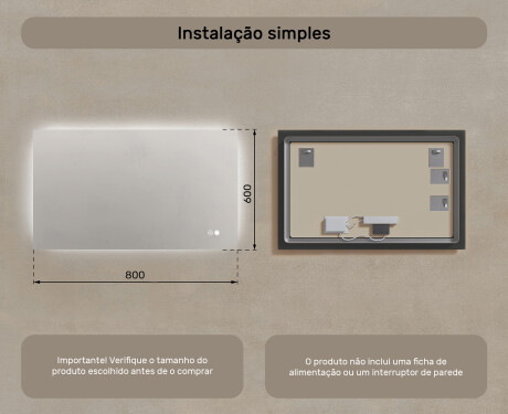 Espelho retangular de casa de banho com iluminação LED 80x60/60x80 cm, dupla cor, interruptor tátil, tapete de aquecimento #7