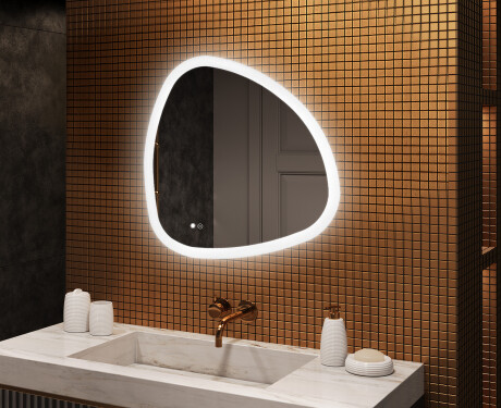 Espelho irregular com iluminação, 84×84 cm, bicolor, interruptor touch, tapete aquecedor
