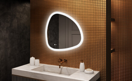 Espelho irregular com iluminação, 84×84 cm, bicolor, interruptor touch, tapete aquecedor