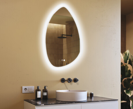Espelho irregular com iluminação, 64×94 cm, bicolor, interruptor touch, tapete aquecedor