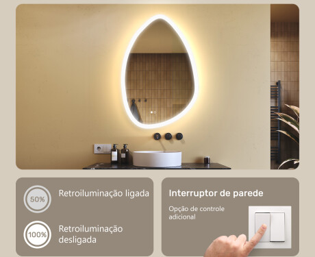 Espelho irregular com iluminação, 64×94 cm, bicolor, interruptor touch, tapete aquecedor #4