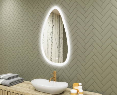 Espelho irregular com iluminação, 64×104 cm, bicolor, interruptor touch, tapete aquecedor