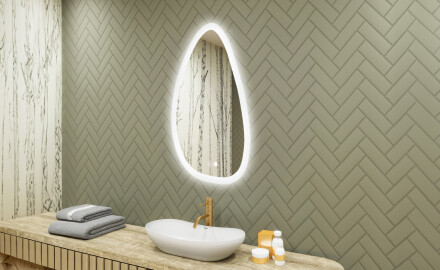 Espelho irregular com iluminação, 64×104 cm, bicolor, interruptor touch, tapete aquecedor