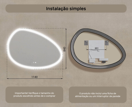 Espelho irregular com iluminação, 114×84 cm, bicolor, interruptor touch, tapete aquecedor #8