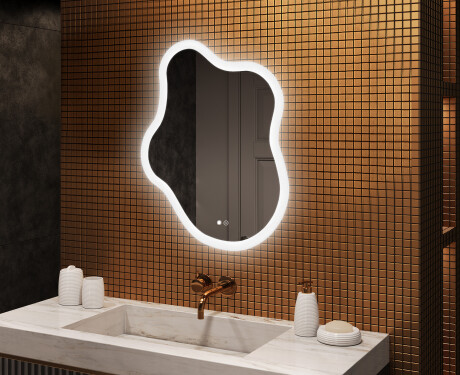 Espelho irregular com iluminação, 74×94 cm, bicolor, interruptor touch, tapete aquecedor