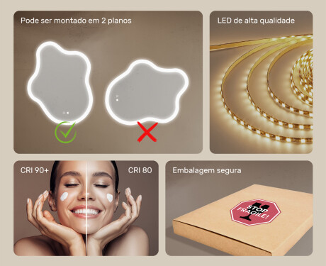 Espelho irregular com iluminação, 74×94 cm, bicolor, interruptor touch, tapete aquecedor #6