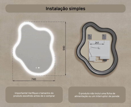 Espelho irregular com iluminação, 74×94 cm, bicolor, interruptor touch, tapete aquecedor #8