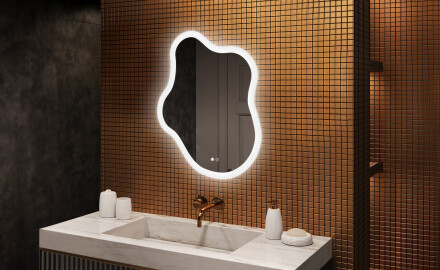 Espelho irregular com iluminação, 74×94 cm, bicolor, interruptor touch, tapete aquecedor