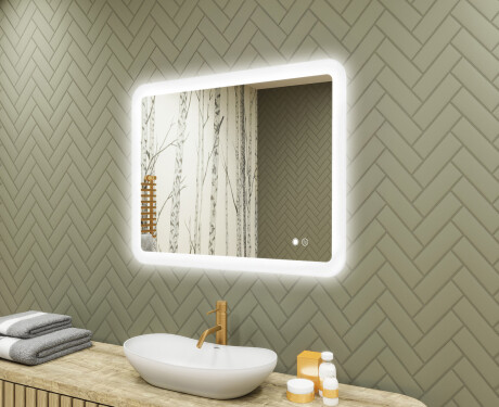 Espelho de banheiro arredondado com iluminação LED, 80×60 cm, bicolor, interruptor touch, tapete aquecedor
