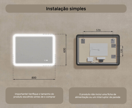 Espelho de banheiro arredondado com iluminação LED, 80×60 cm, bicolor, interruptor touch, tapete aquecedor #8