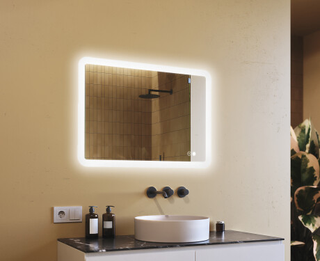 Espelho de banheiro arredondado com iluminação LED, 100×70 cm, bicolor, interruptor touch, tapete aquecedor