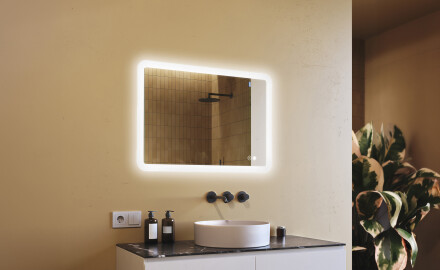 Espelho de banheiro arredondado com iluminação LED, 100×70 cm, bicolor, interruptor touch, tapete aquecedor