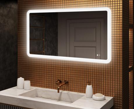 Espelho de banheiro arredondado com iluminação LED, 120×70 cm, bicolor, interruptor touch, tapete aquecedor