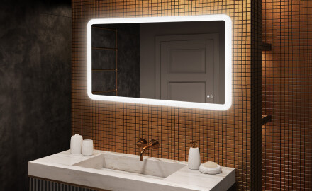 Espelho de banheiro arredondado com iluminação LED, 120×70 cm, bicolor, interruptor touch, tapete aquecedor