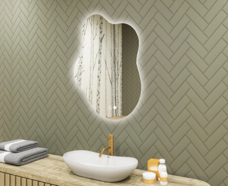 Espelho irregular com iluminação, 74×94 cm, bicolor, interruptor touch, tapete aquecedor